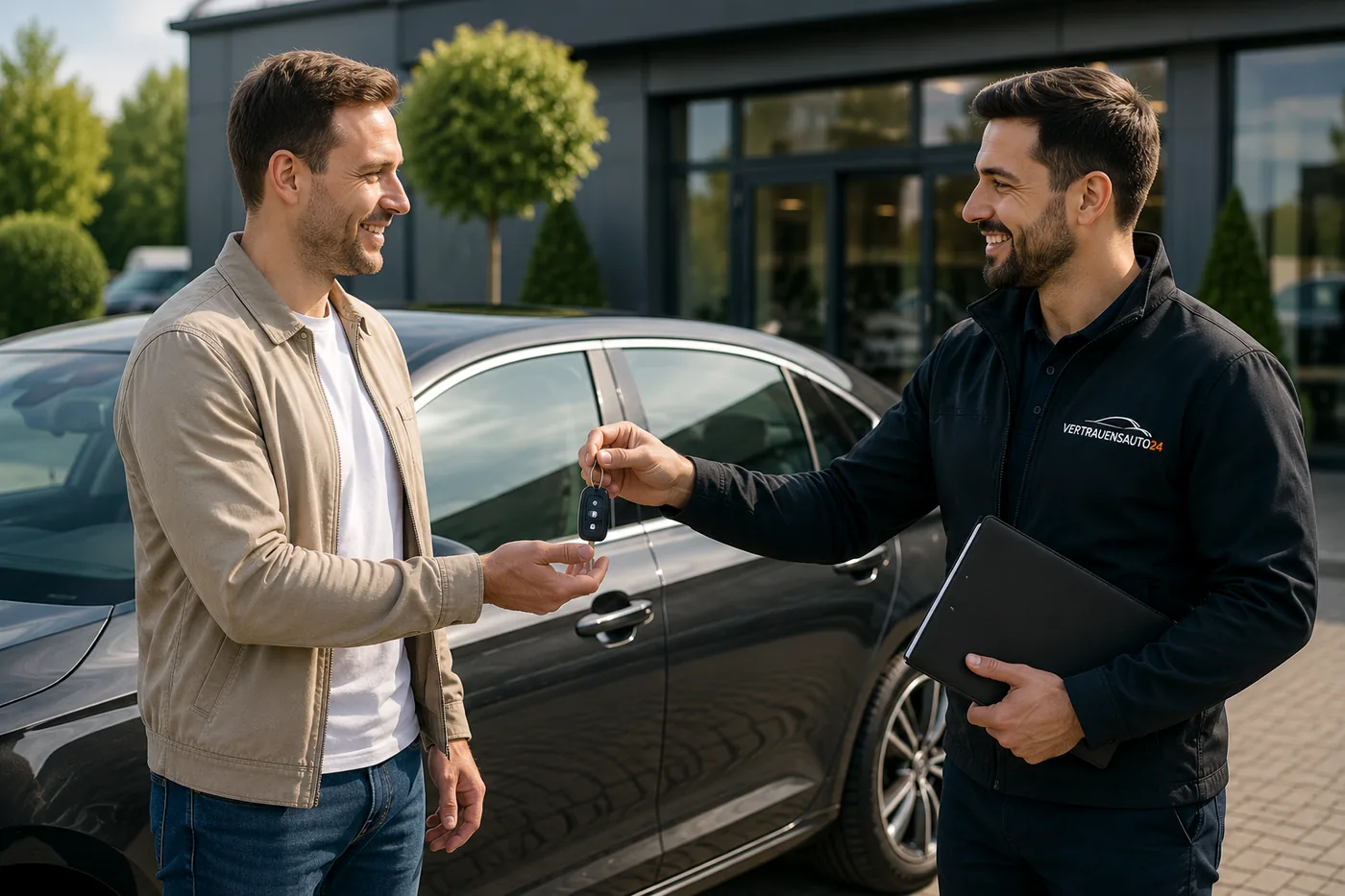 Fahrzeugübergabe zwischen Kunde und Ansprechpartner